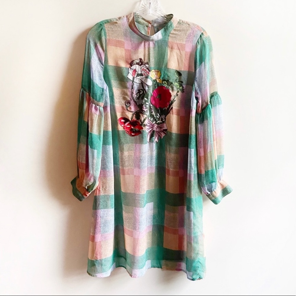 ASOS // Sheer Green/Peach Plaid Embroidered Floral Dress